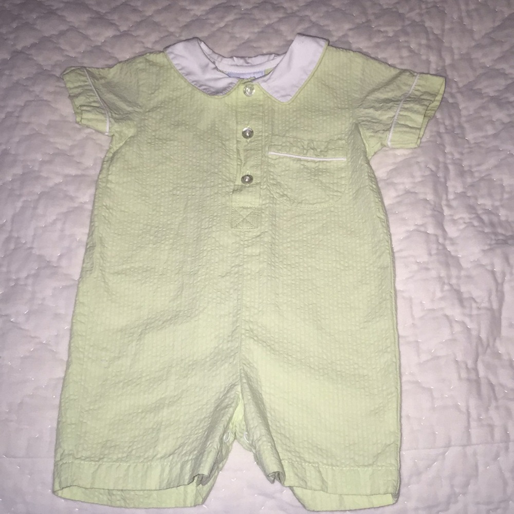 Pale green seer sucker shortall